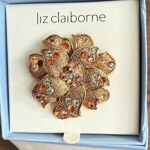 Vintage Liz Claiborne Gold-Tone Flower Brooch With Rhinestones 1-3/4" NIB